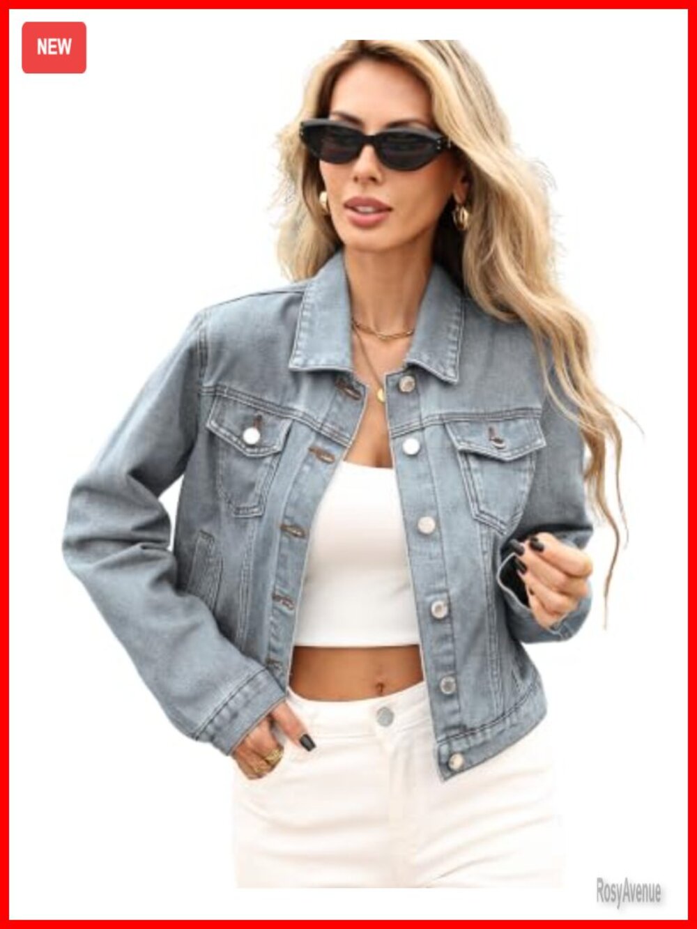 Women's Cropped Denim Jean Jacket with 6 Pockets